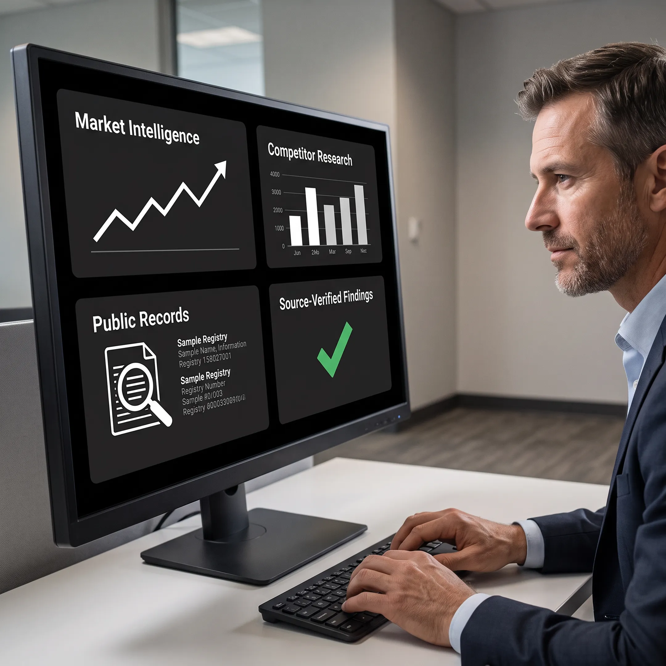 Analyst reviewing market intelligence dashboards and verified research sources