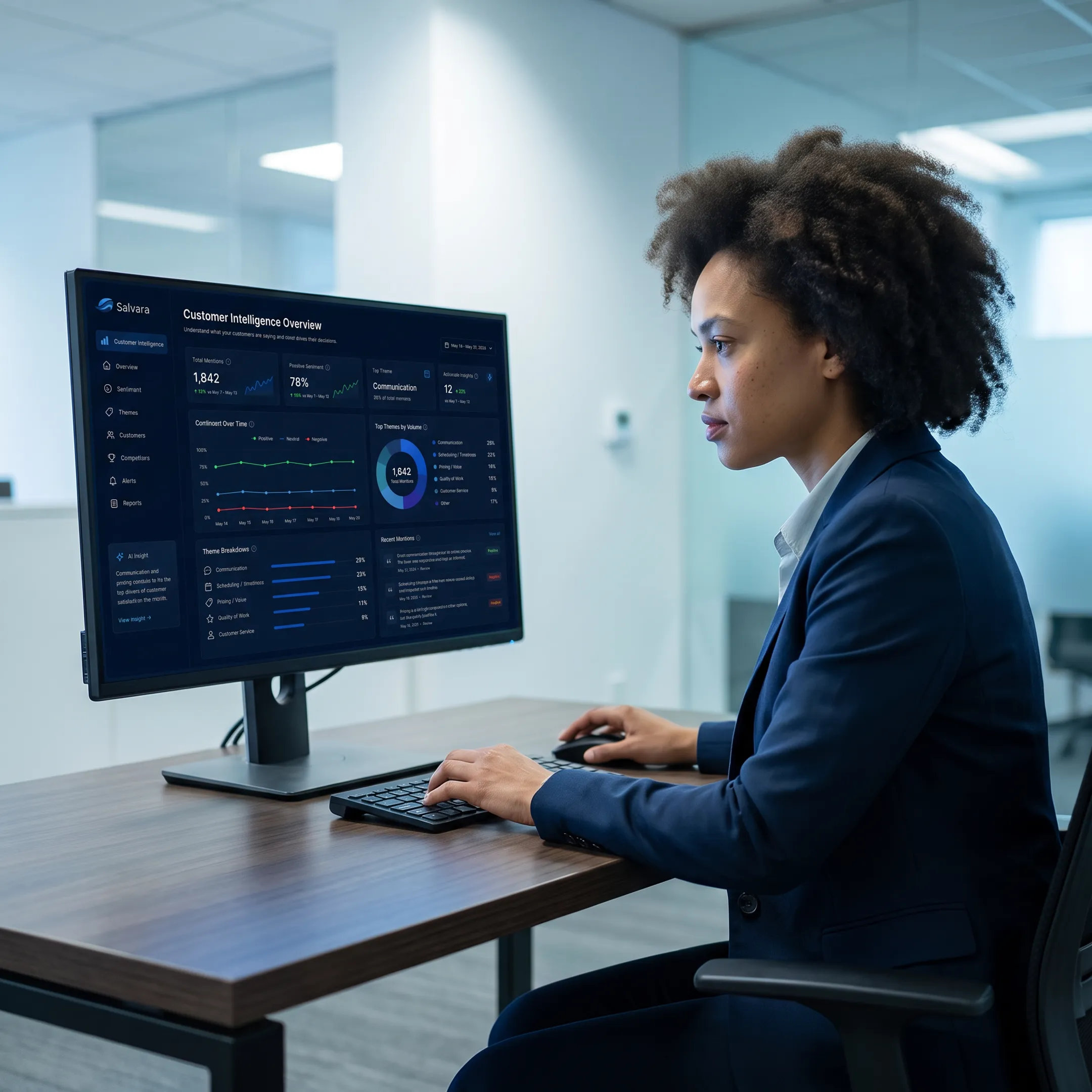 Analyst reviewing AI-generated customer sentiment and competitor insight dashboard