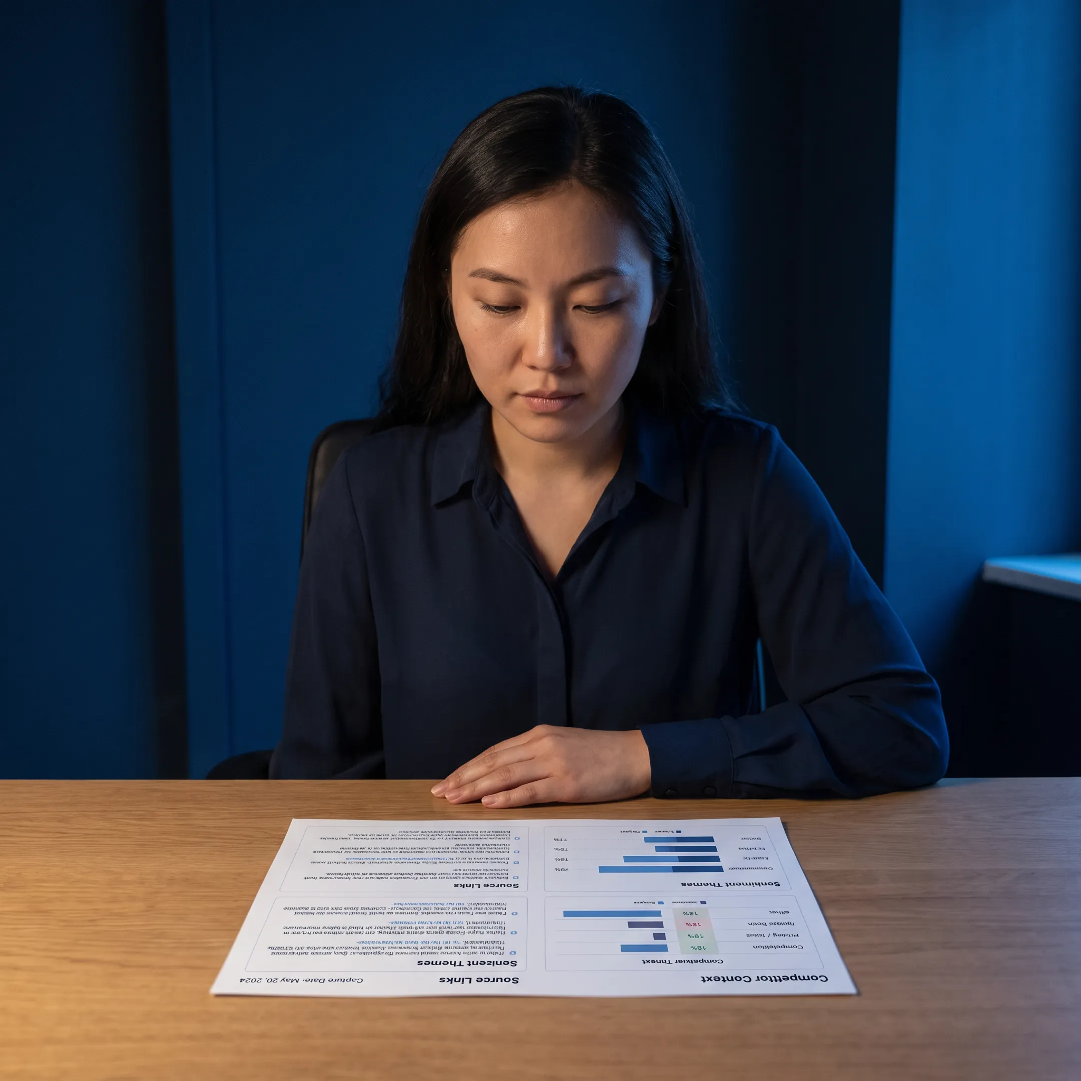 Research professional reviewing source-verified customer insight findings