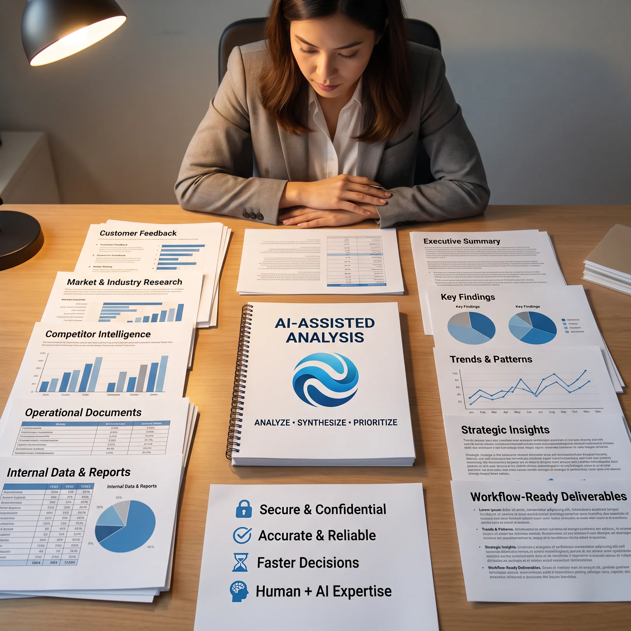 Analyst reviewing customer sentiment and competitive research dashboards