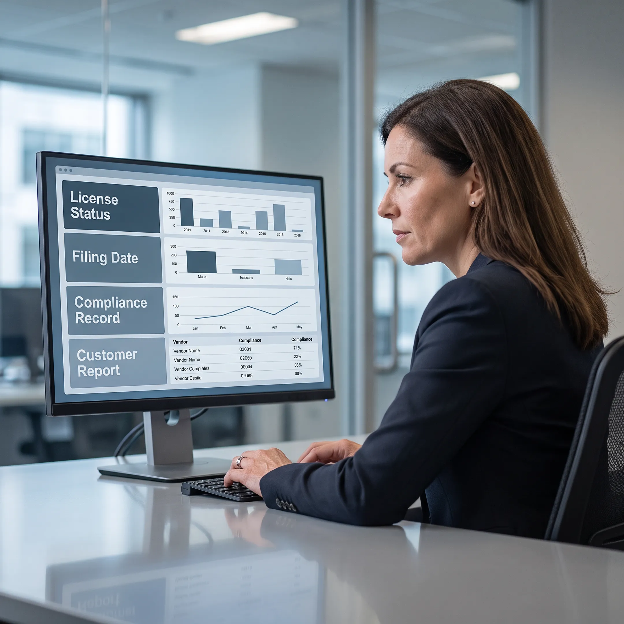 Analyst reviewing verified vendor records and monitoring insights on a laptop