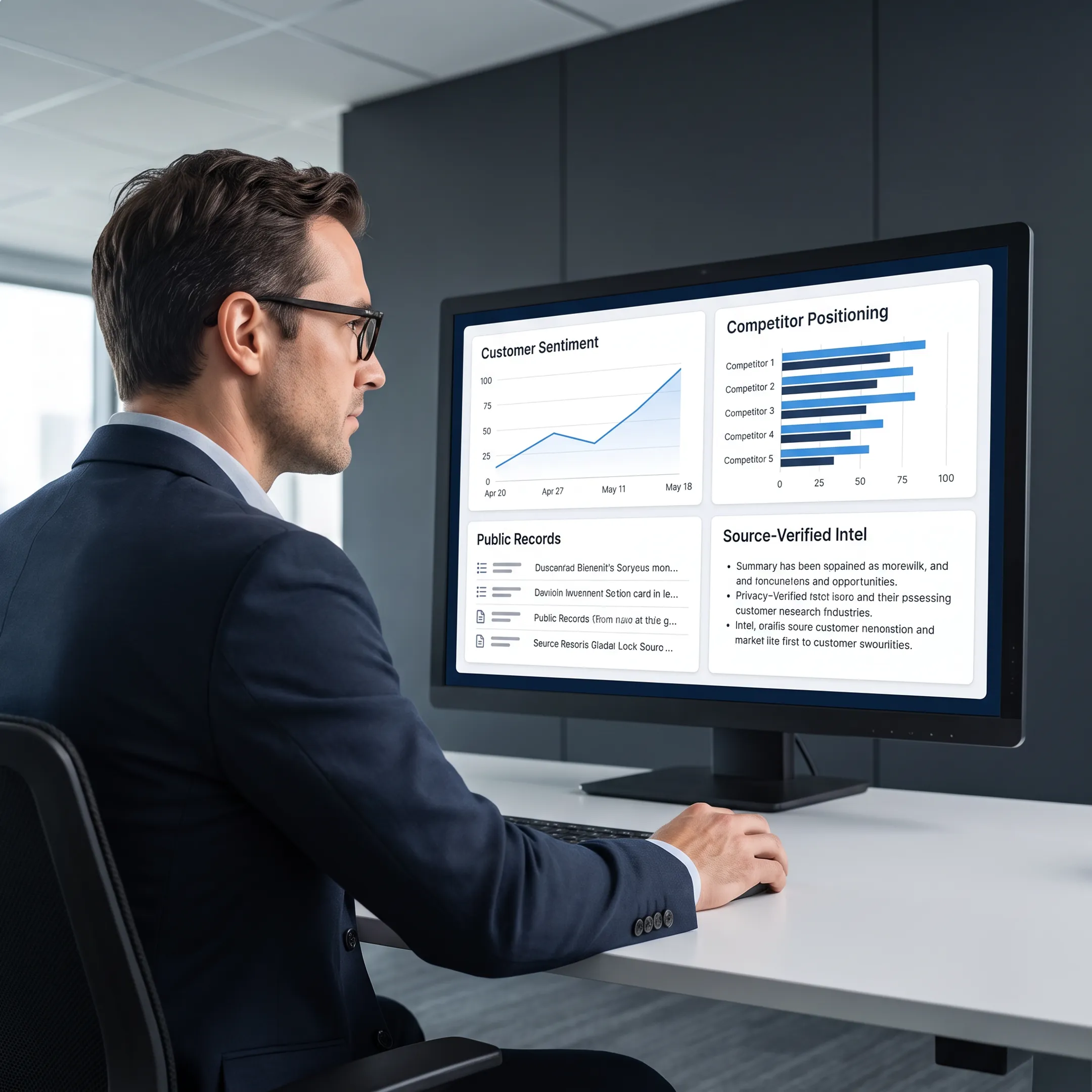 Research analyst reviewing customer sentiment, competitor data, and verified market intelligence on a digital dashboard