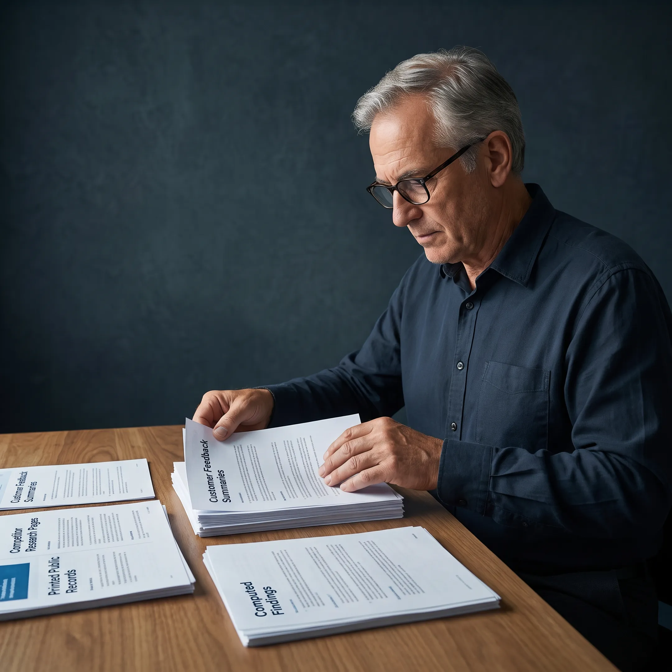 Analyst connecting verified public records and customer research findings into an actionable intelligence report