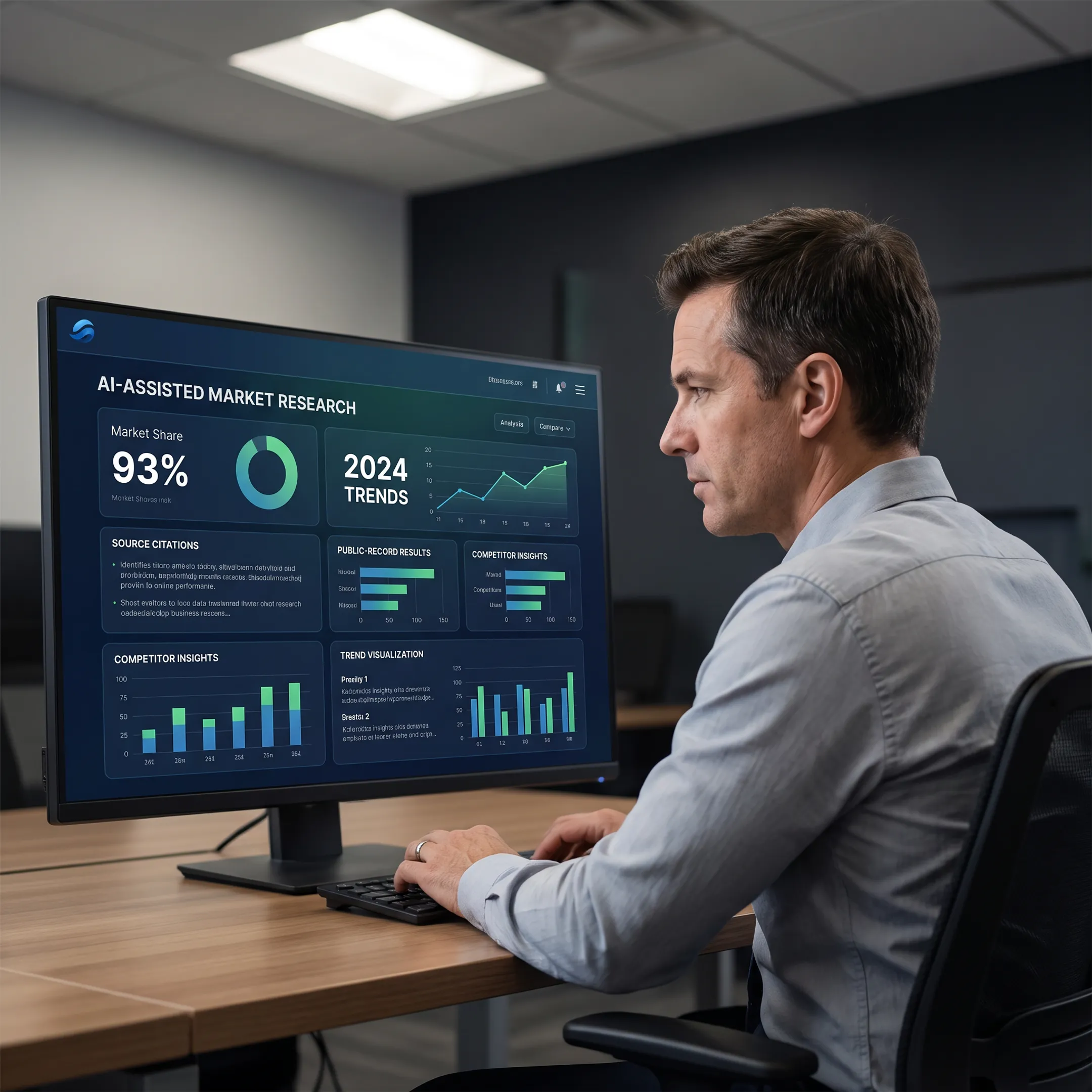 Analyst reviewing AI-generated market intelligence dashboards and verified public-record sources