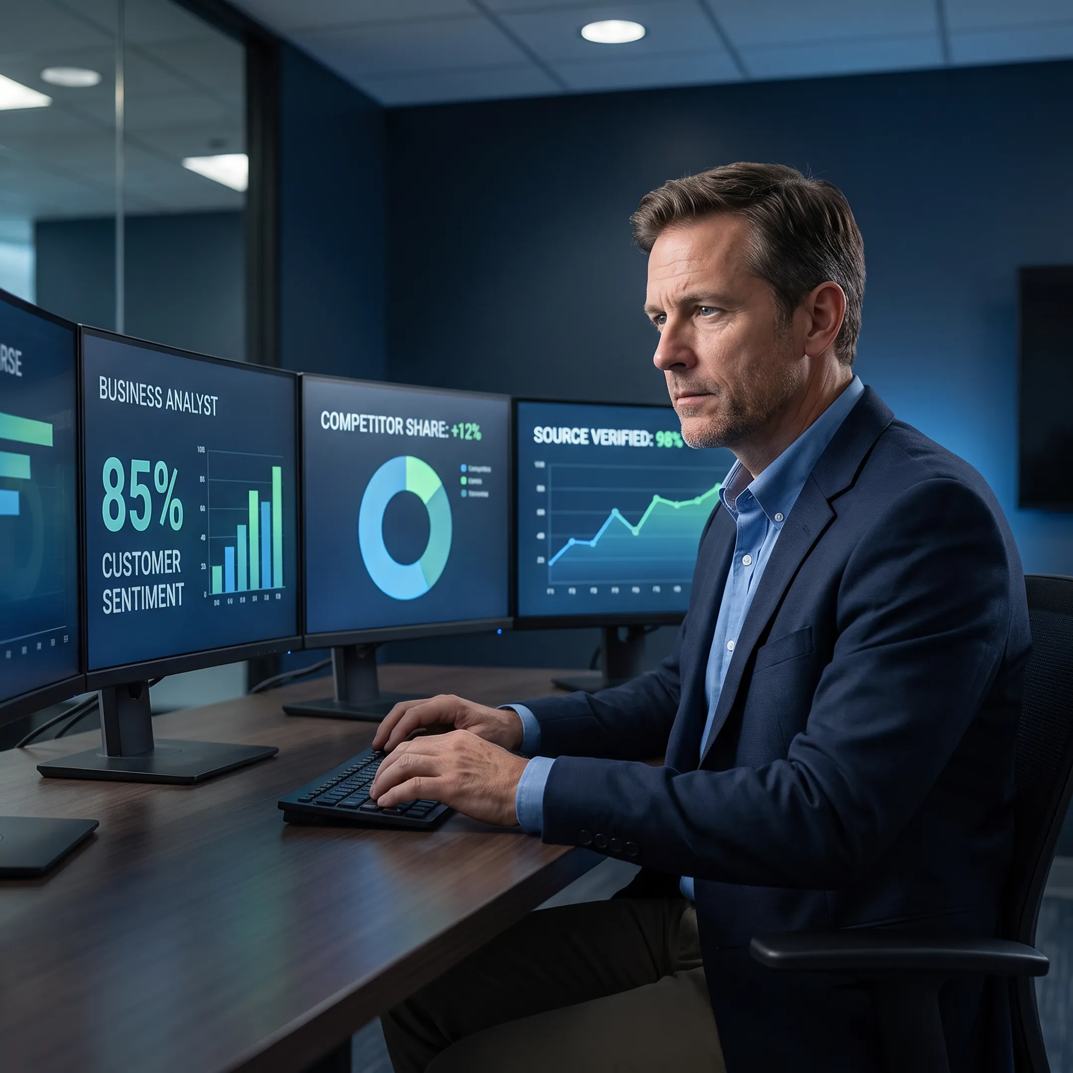 Analyst reviewing customer sentiment and competitive intelligence dashboards