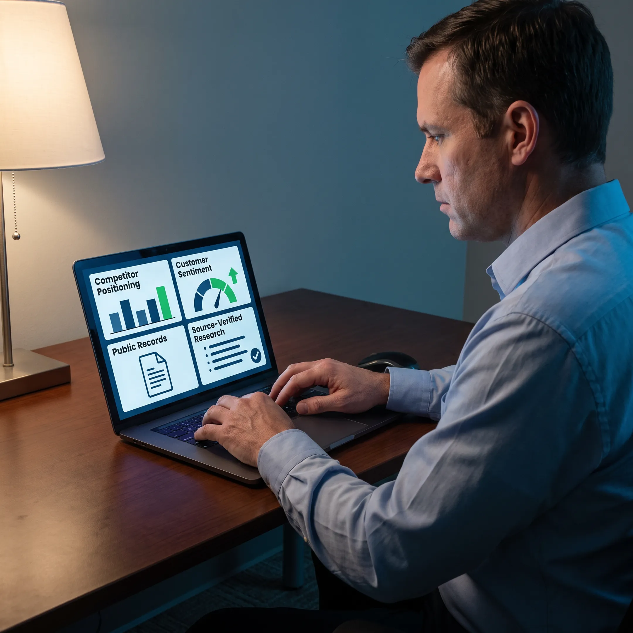 Analyst reviewing competitor research dashboards and source-verified market intelligence