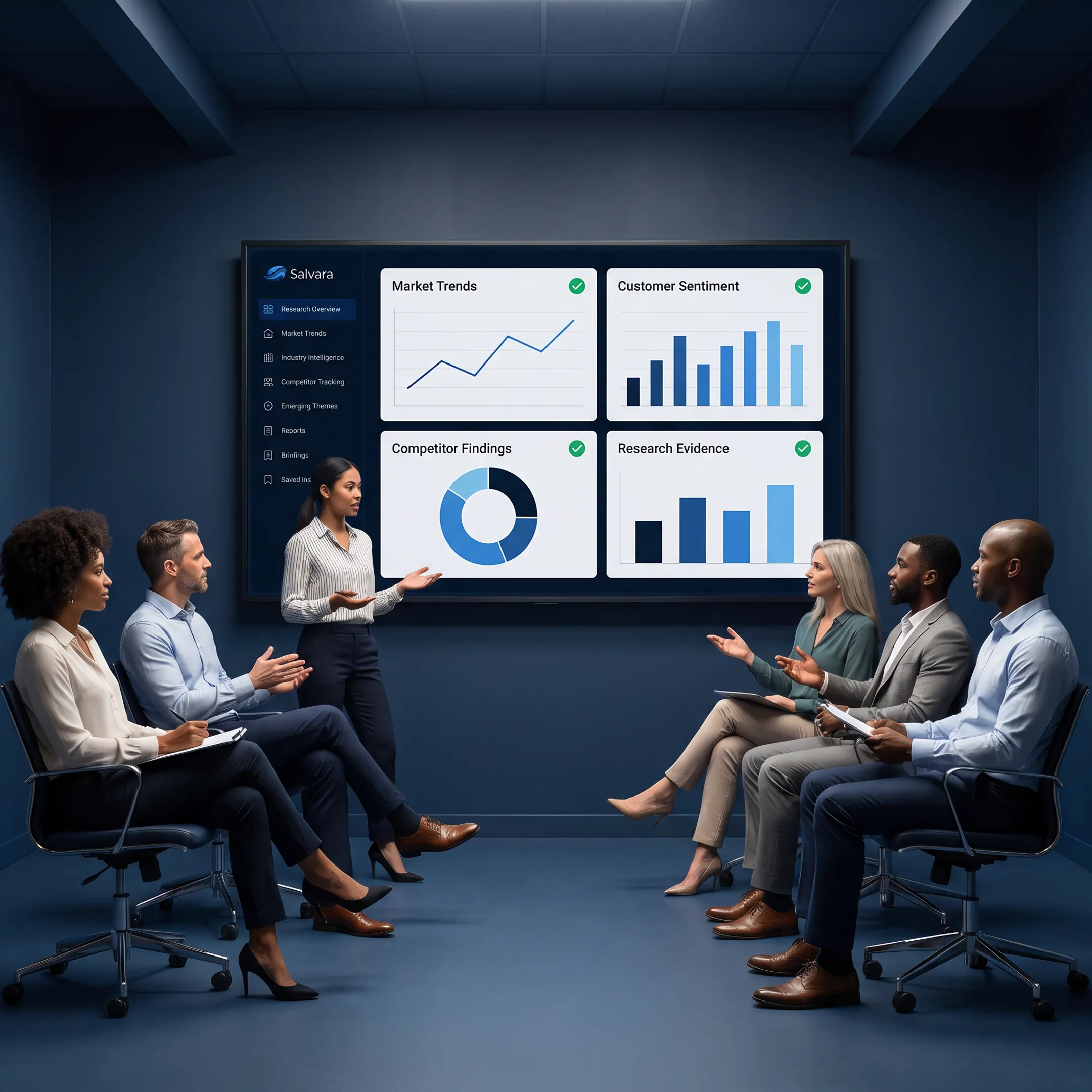 Retail strategy team reviewing verified market intelligence and competitor findings
