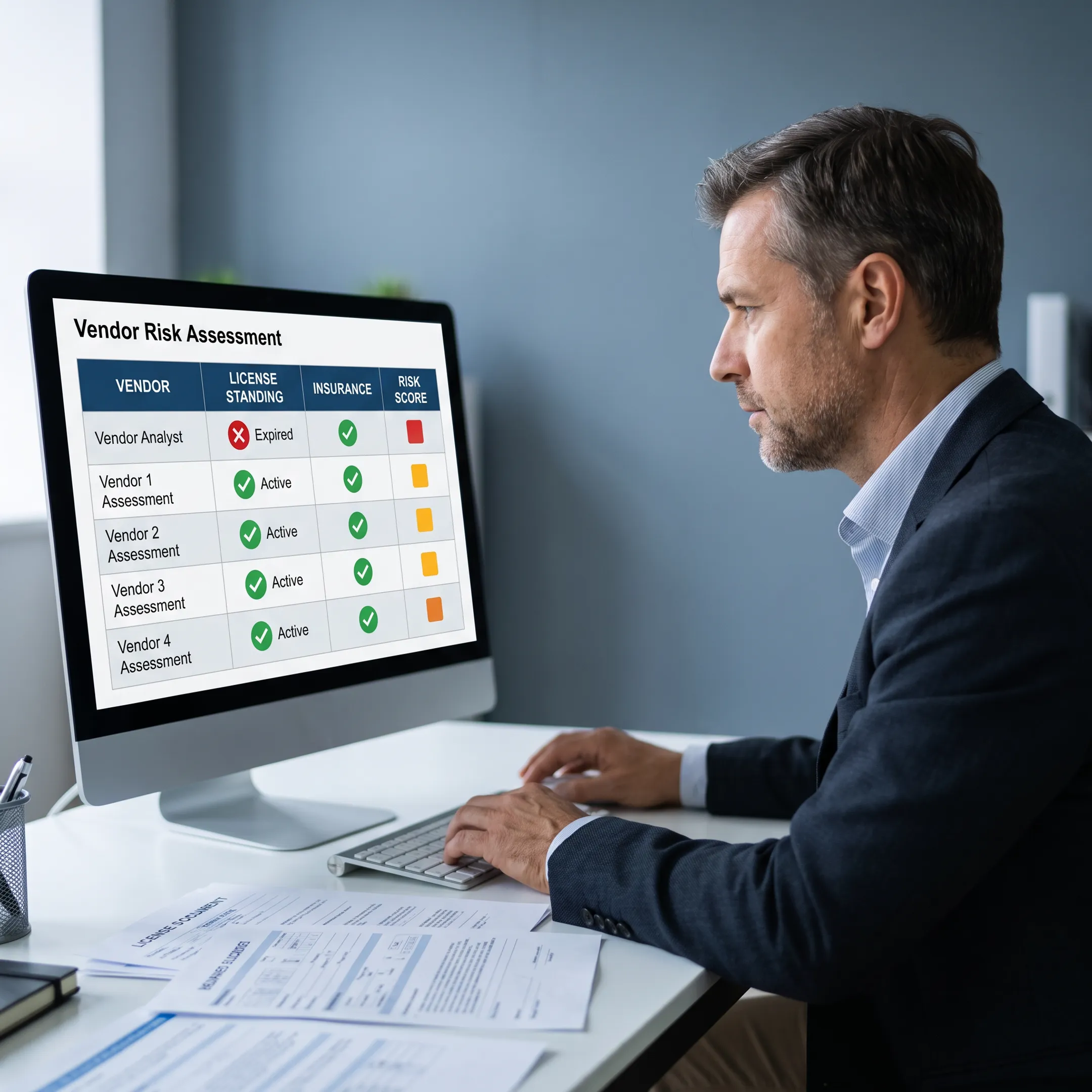 Analyst reviewing verified vendor records and risk findings on a computer