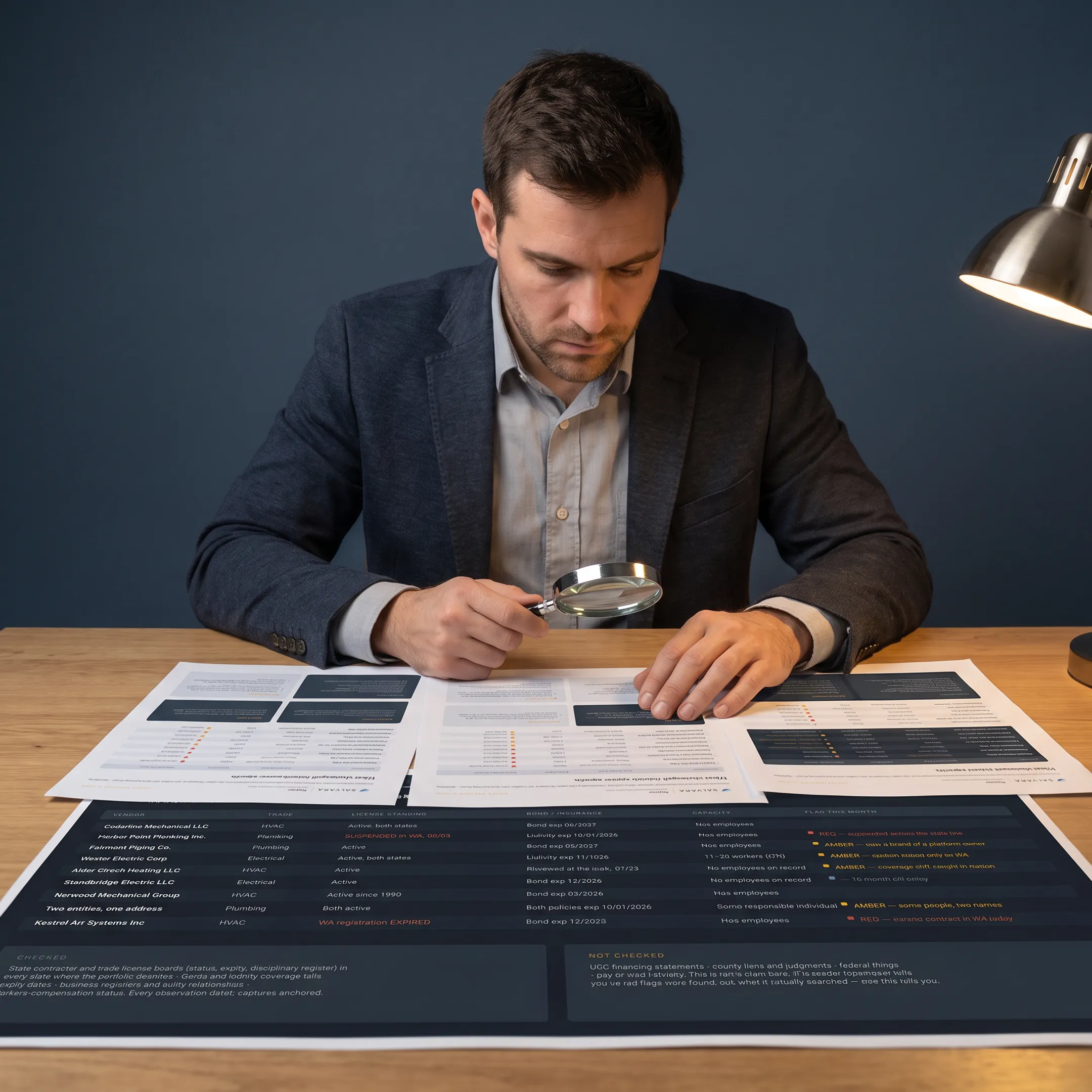Researcher comparing vendor compliance records with source-attributed findings