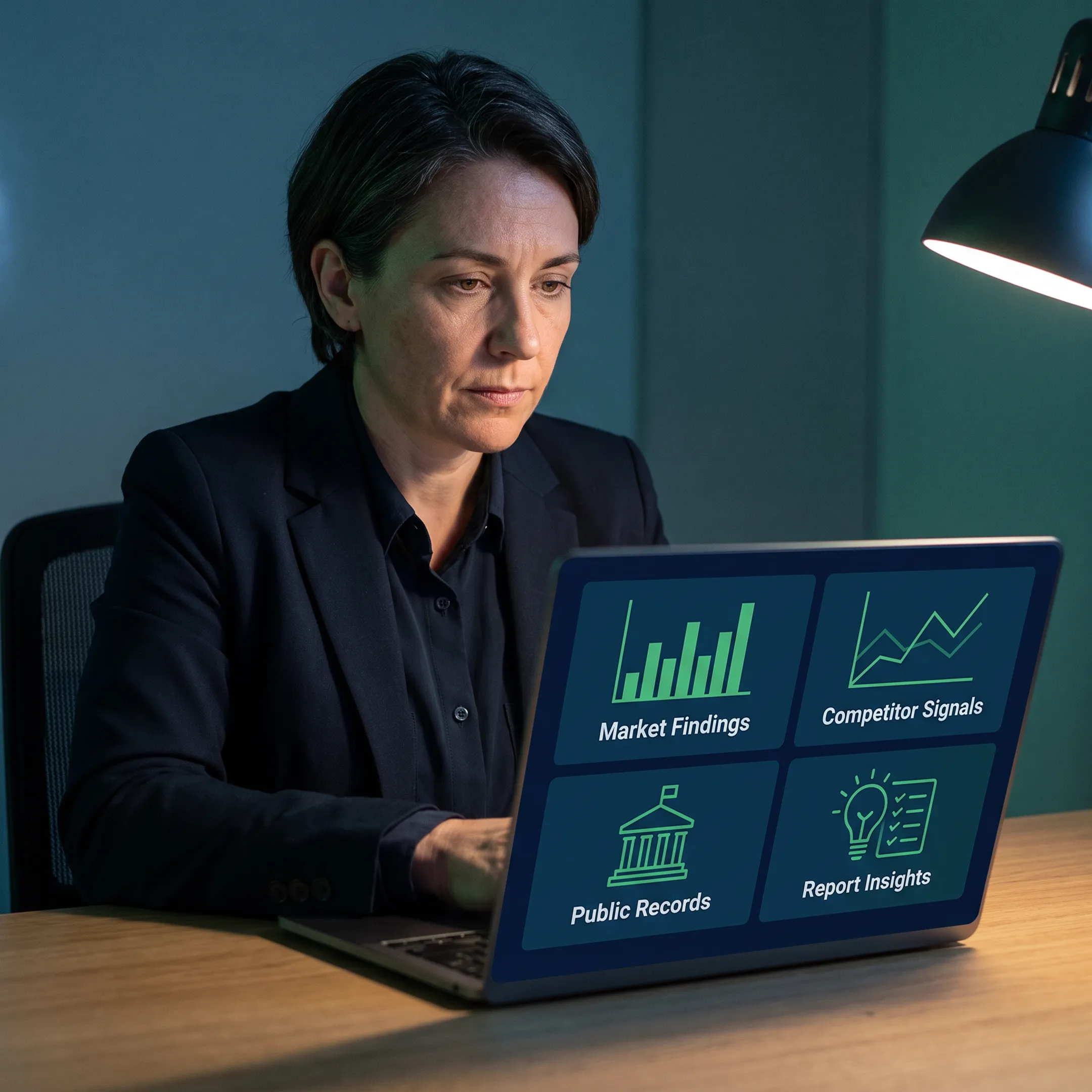 Analyst reviewing source-verified market intelligence on a laptop