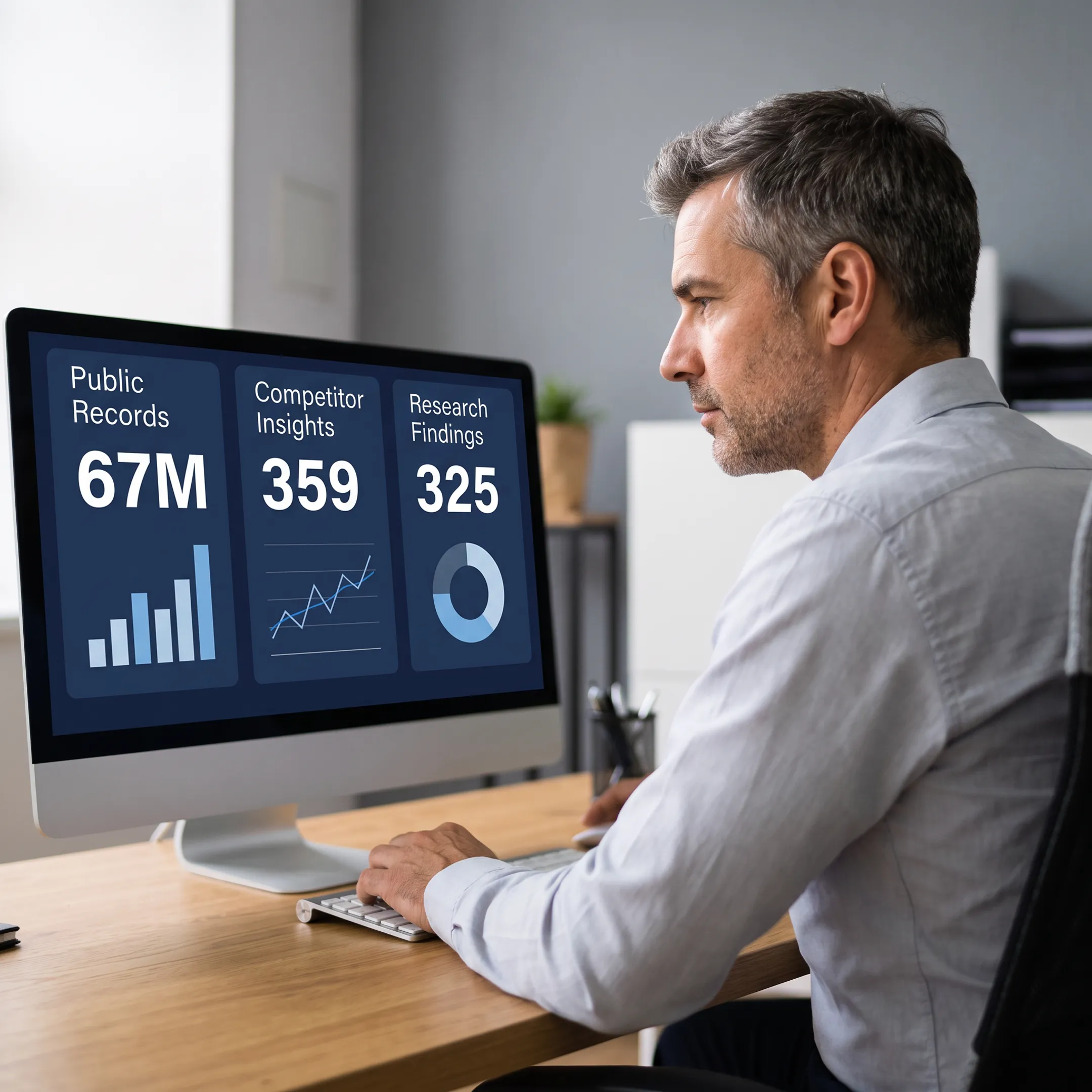 Analyst reviewing market intelligence dashboards and verified public-record data