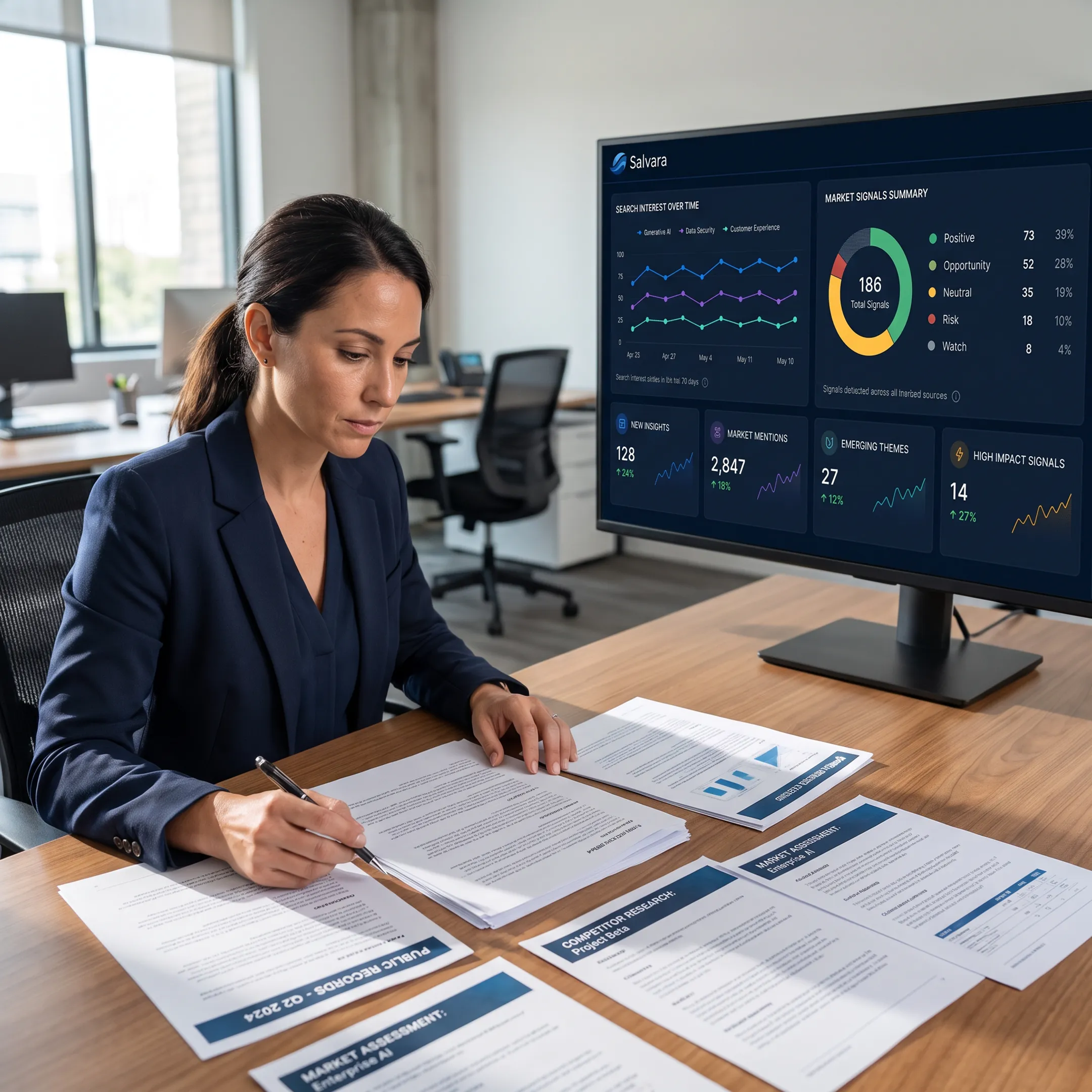 Analyst reviewing market intelligence charts and source documents on a computer