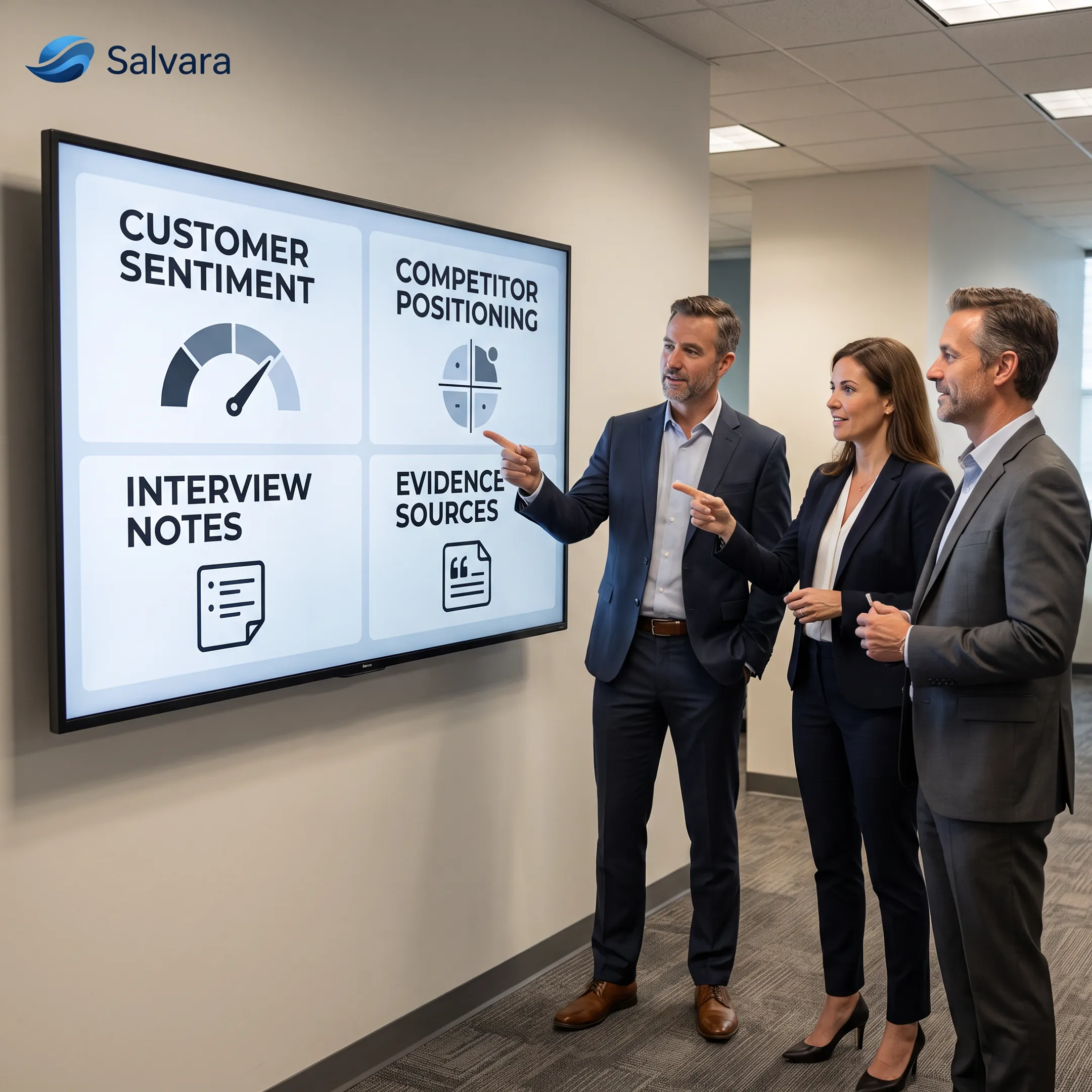 Research team reviewing customer sentiment and competitor insight on a digital analytics dashboard