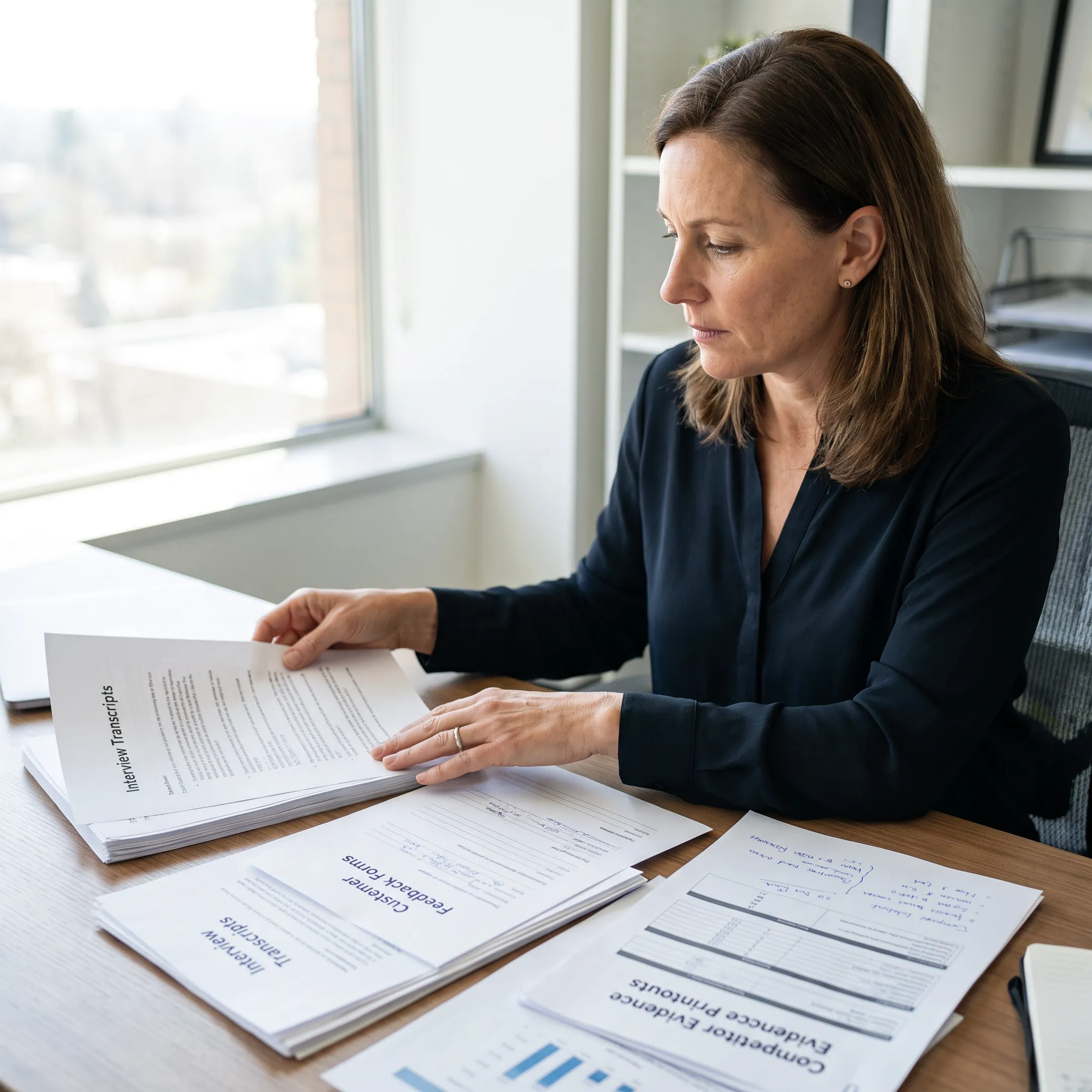 Analyst organizing verified research findings and source references for a business decision