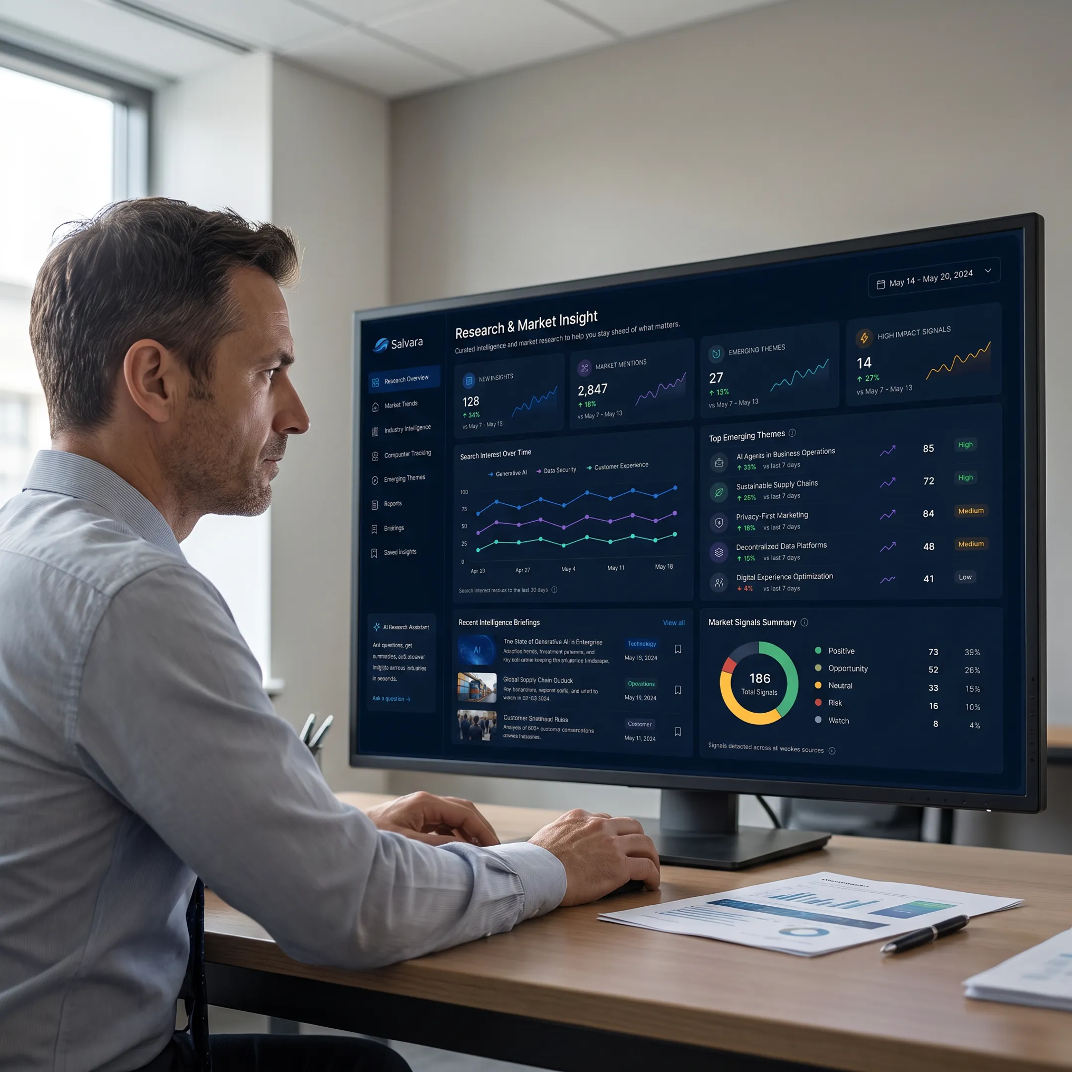 Analyst reviewing AI-generated market research insights on a laptop beside source documents