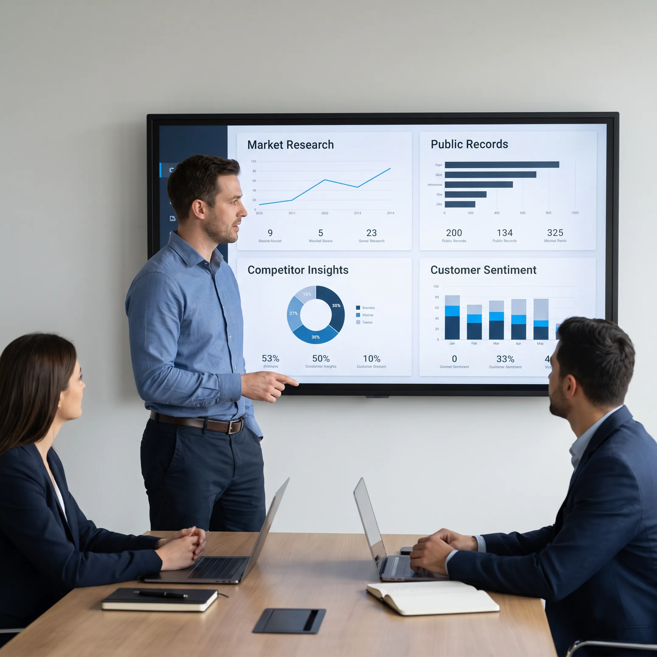 Analyst reviewing AI-generated market intelligence with source-linked research findings on screen