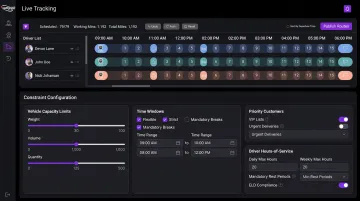Route optimizer software dashboard displaying constraint configuration and fleet management settings