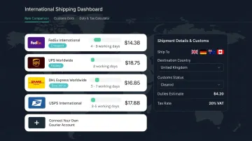 International ecommerce shipping dashboard displaying global carrier rate comparison and customs documentation