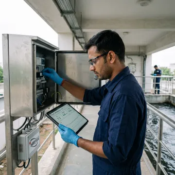 Technician configuring an industrial ETP monitoring system