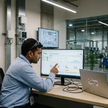 Technician configuring industrial monitoring dashboard