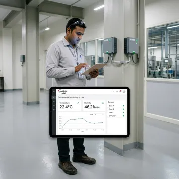 Technician reviewing live temperature and humidity readings