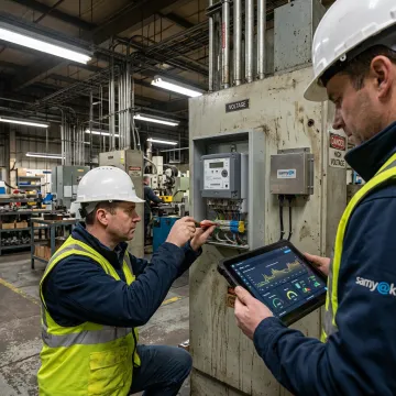 Engineers configuring IoT energy monitoring equipment