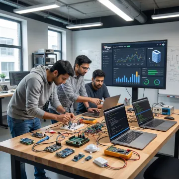 Engineers testing an IoT device prototype and cloud dashboard