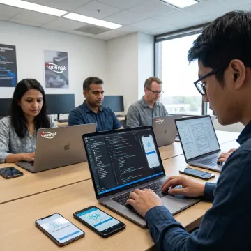 React Native mobile app development team designing cross-platform app screens