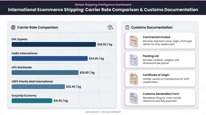 International ecommerce shipping dashboard displaying global carrier rate comparison and customs documentation
