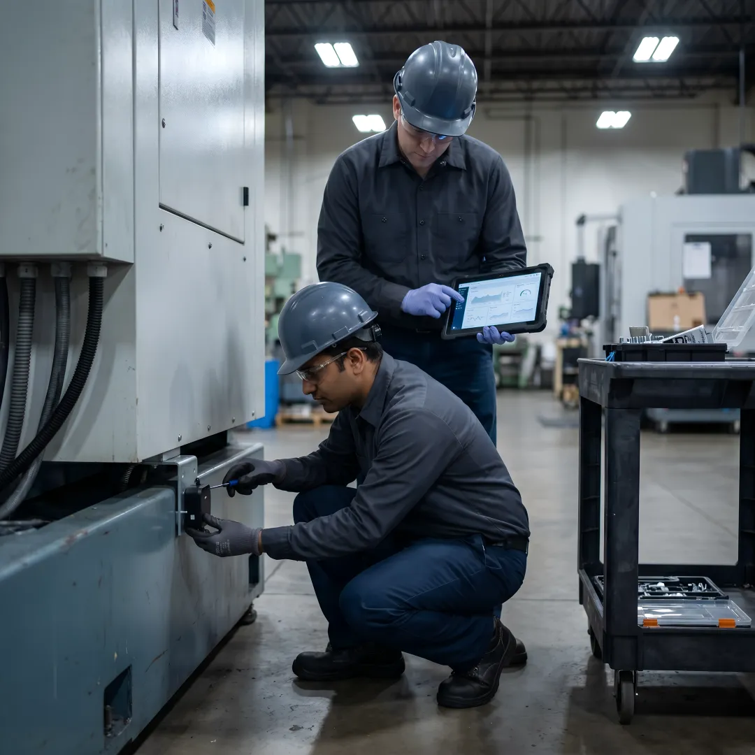 Engineers implementing IIoT sensors in a factory