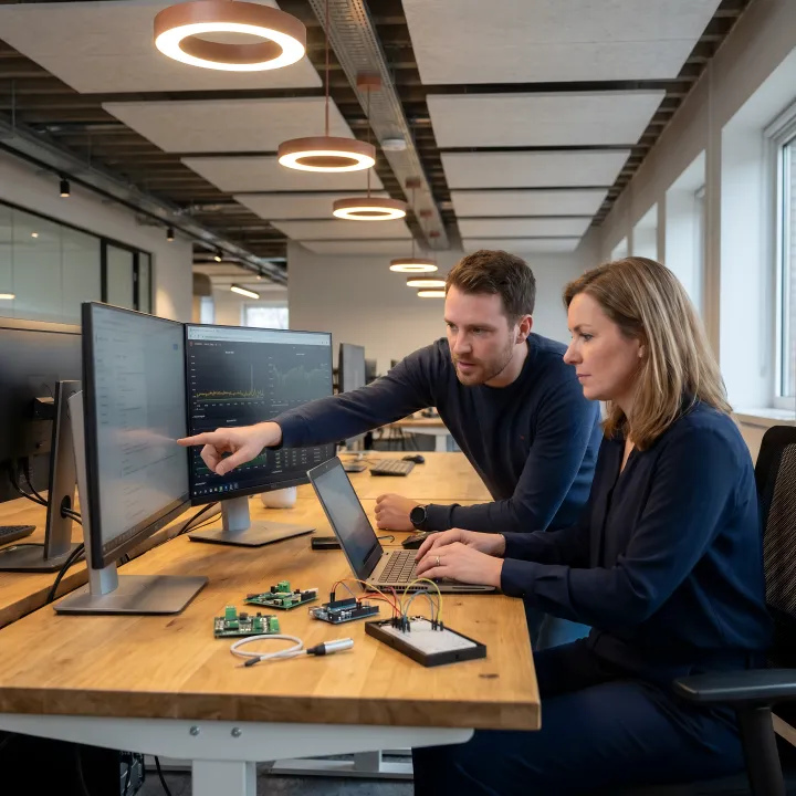 Engineers testing an IoT device prototype and cloud dashboard