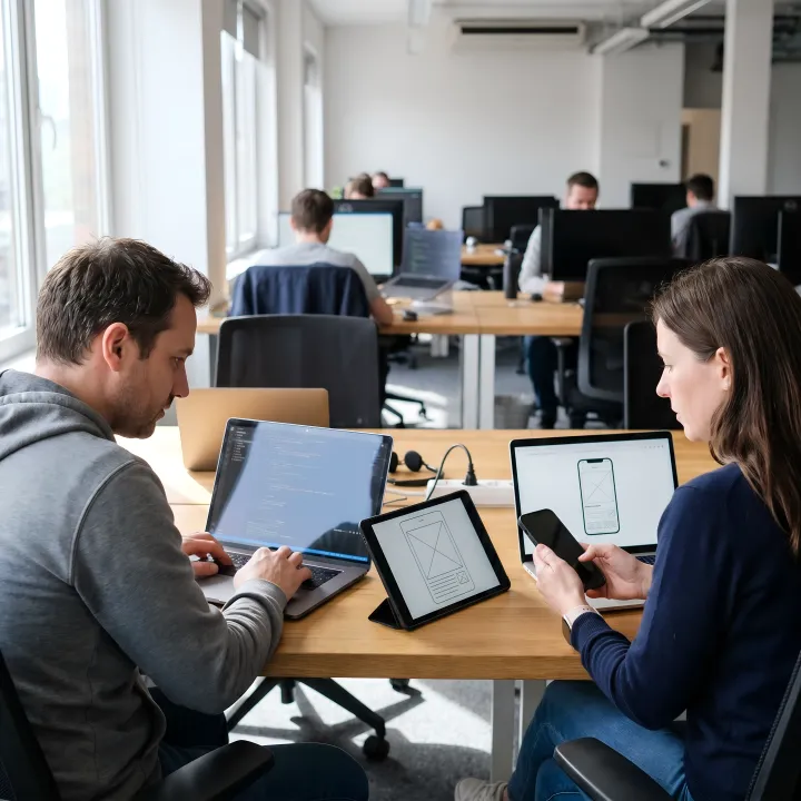 React Native mobile app development team designing cross-platform app screens