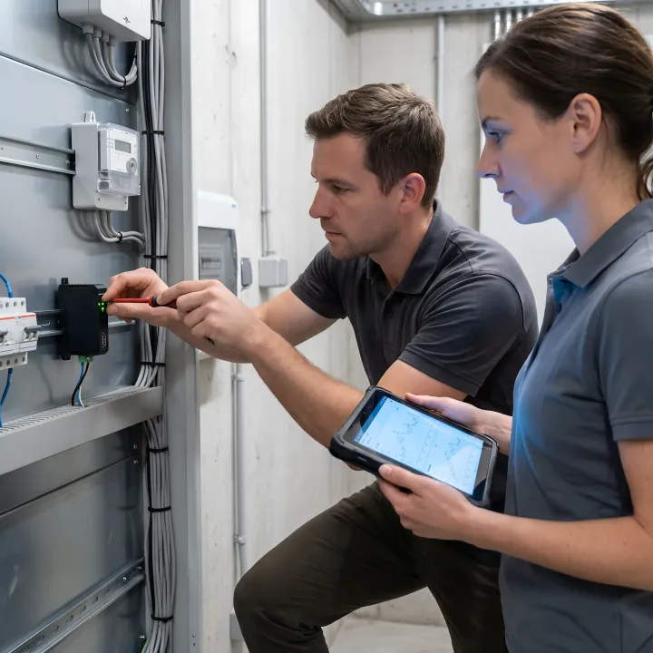 Engineers configuring IoT energy monitoring equipment