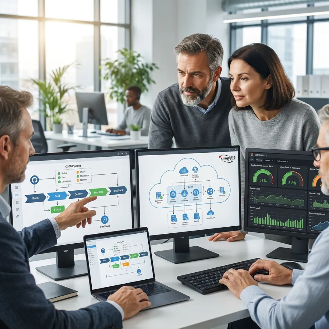 Azure DevOps consultants reviewing deployment pipelines