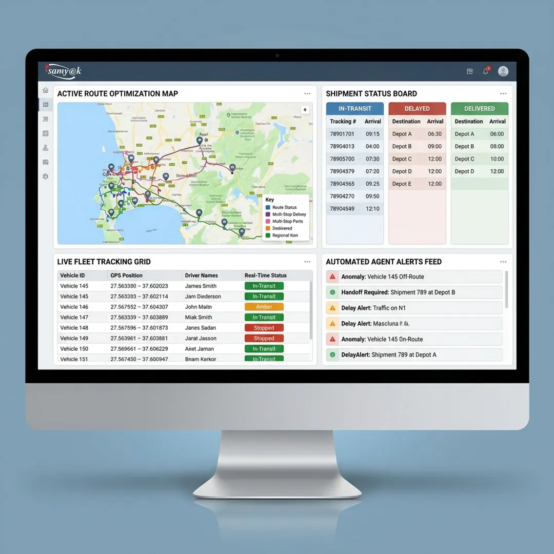 AI logistics dashboard with route tracking and agent alerts