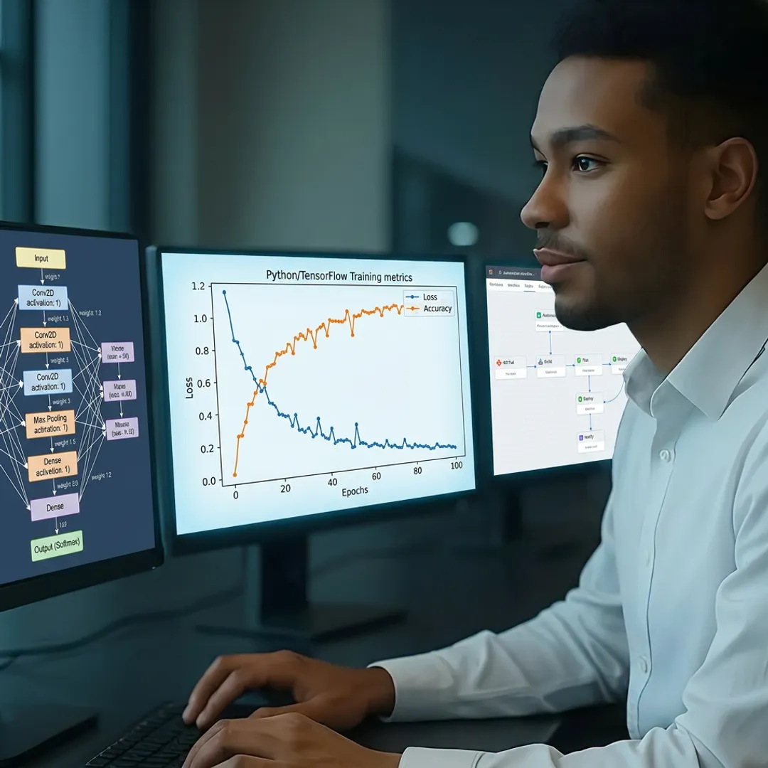 AI developer reviewing machine learning dashboards