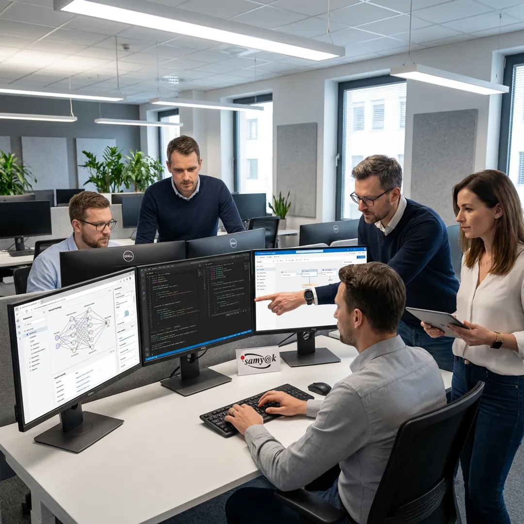 Team reviewing AI software dashboards