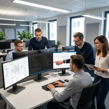 Team reviewing AI software dashboards