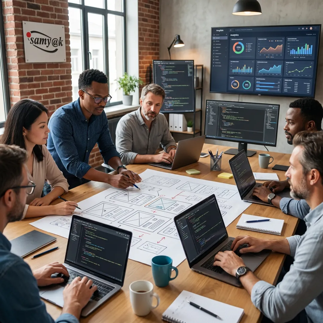 Startup team reviewing custom software product roadmap