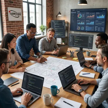 Startup team reviewing custom software product roadmap