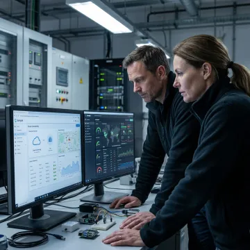 IoT engineers monitoring connected devices on a digital dashboard