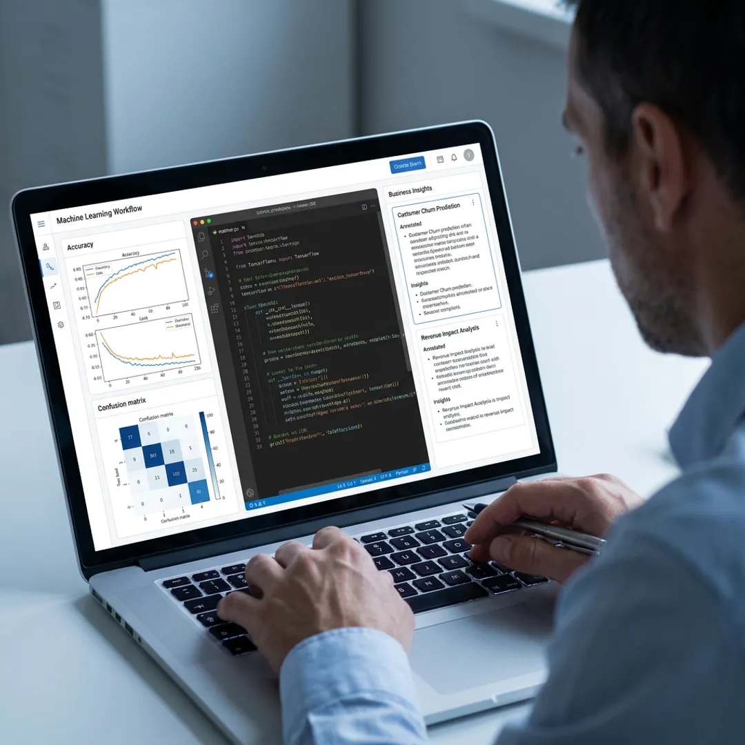 Machine learning consultant reviewing AI analytics dashboard