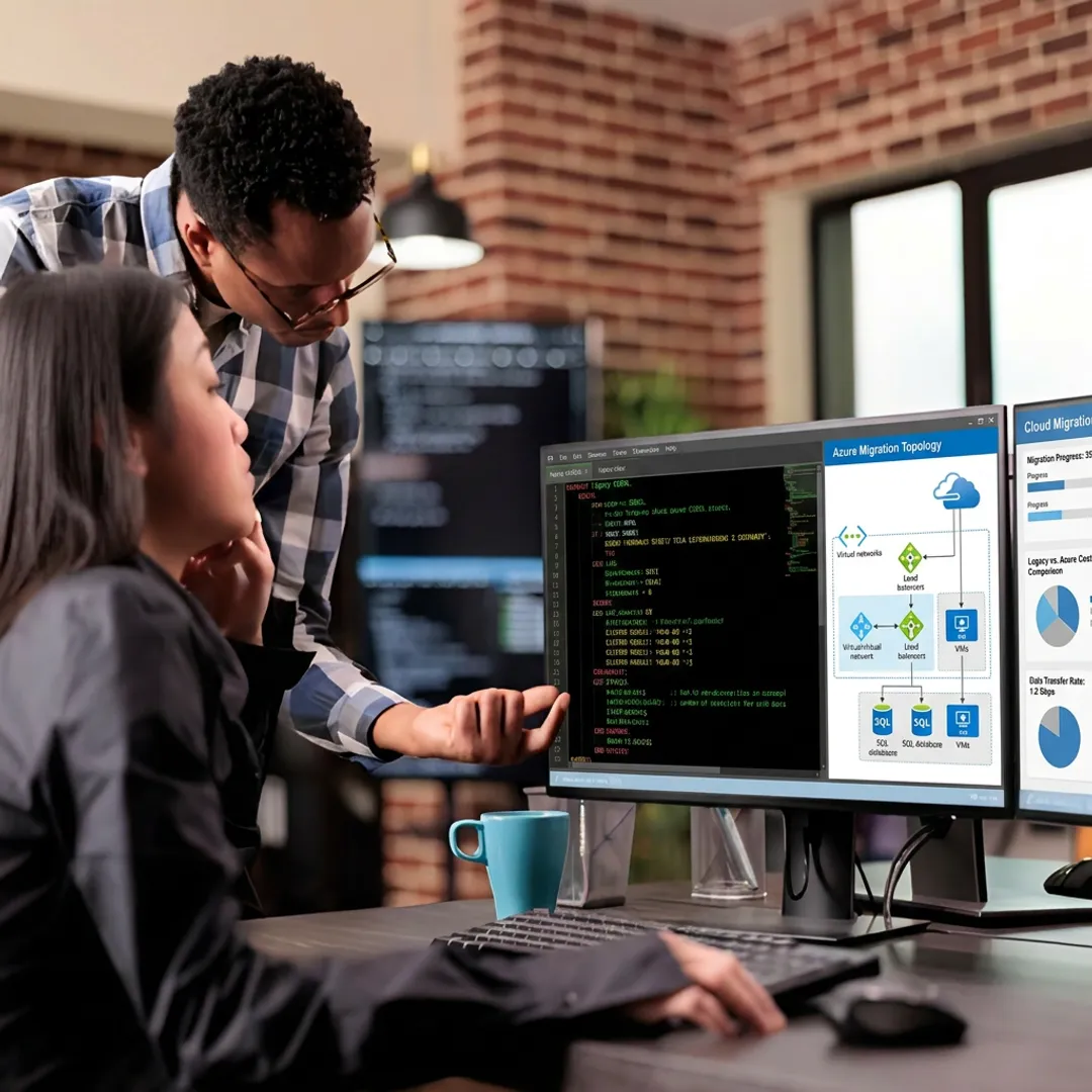 Legacy application modernization team reviewing software architecture