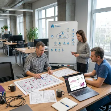 Software developers planning parking management system workflow