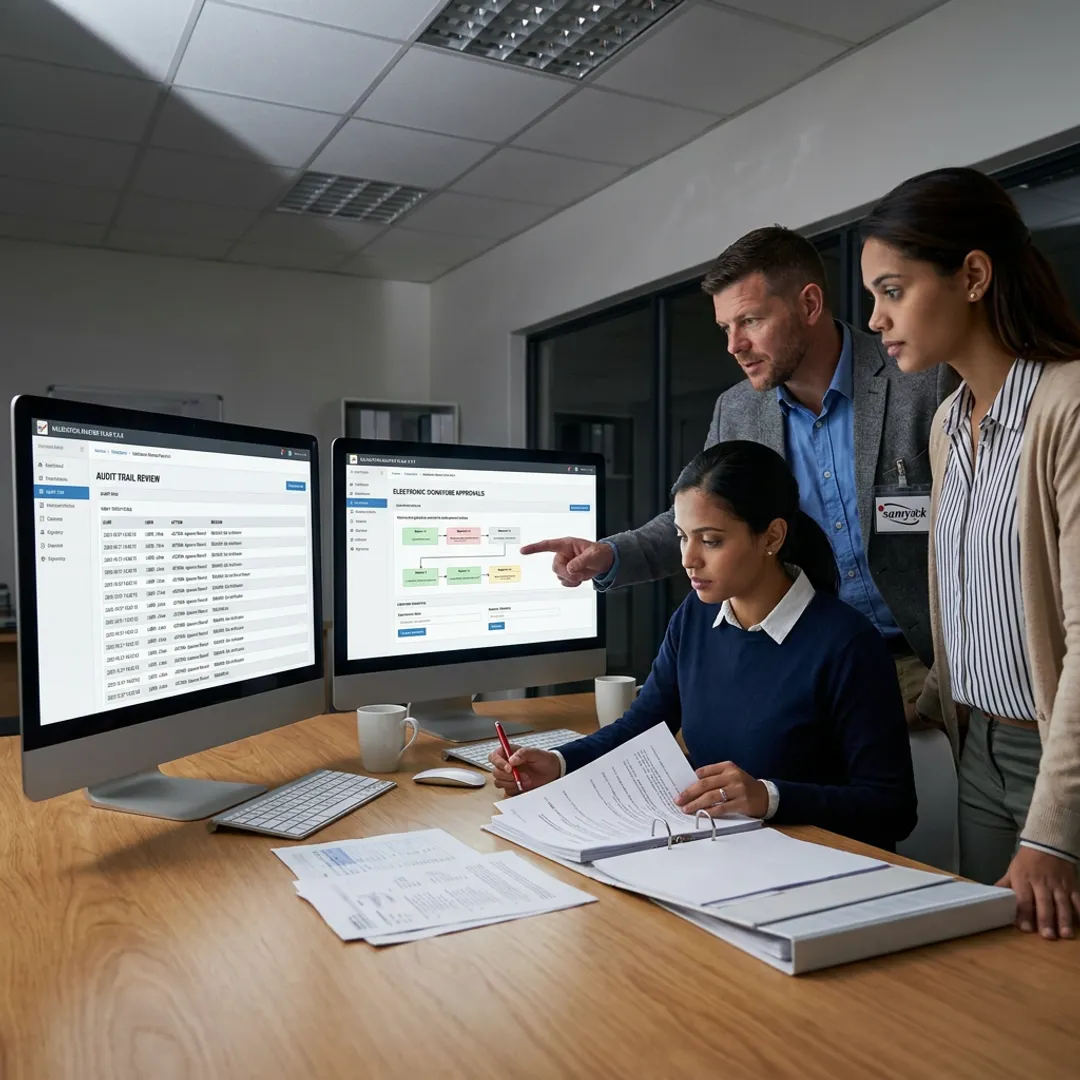 Team reviewing pharma software validation workflow