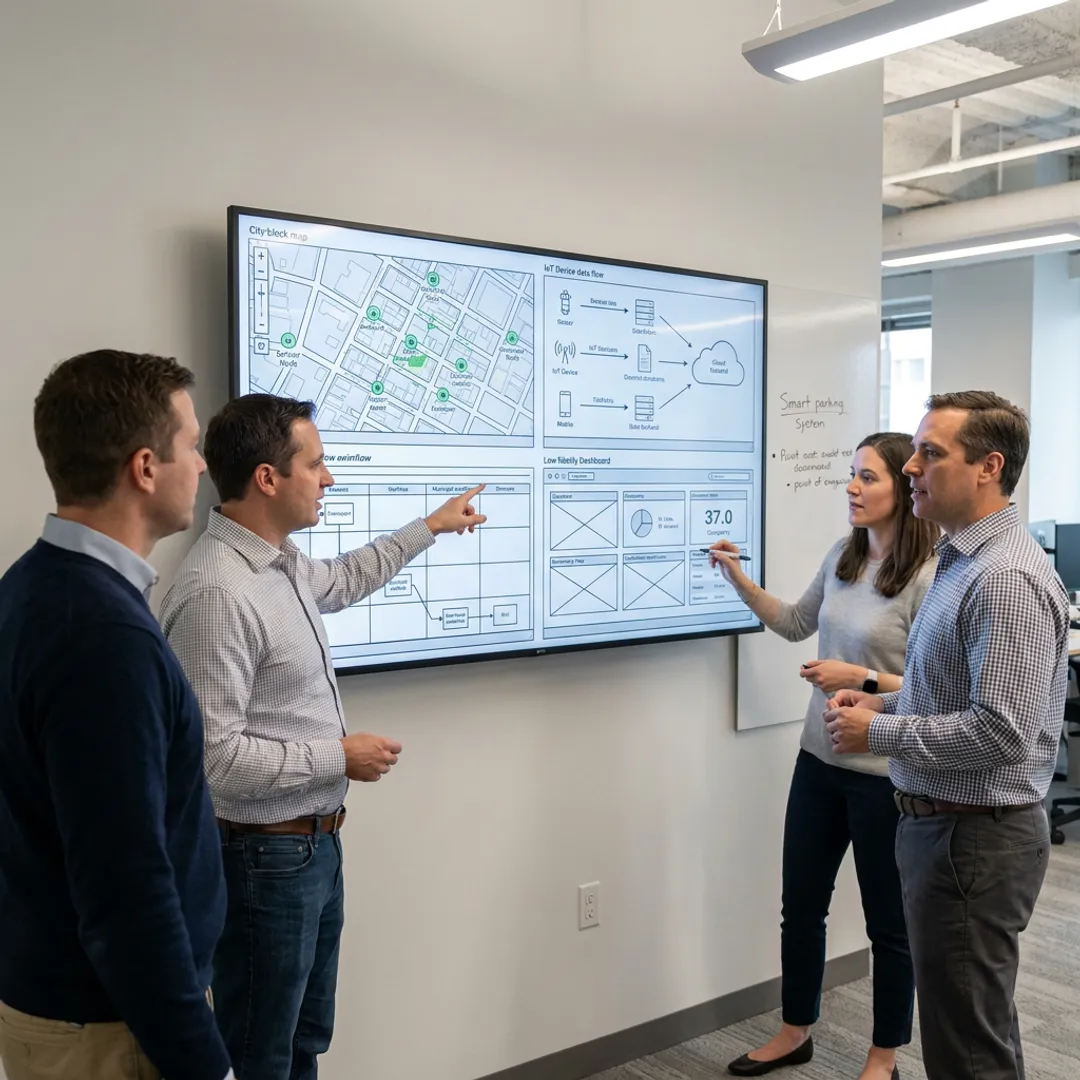 Development team planning a municipal smart parking software workflow