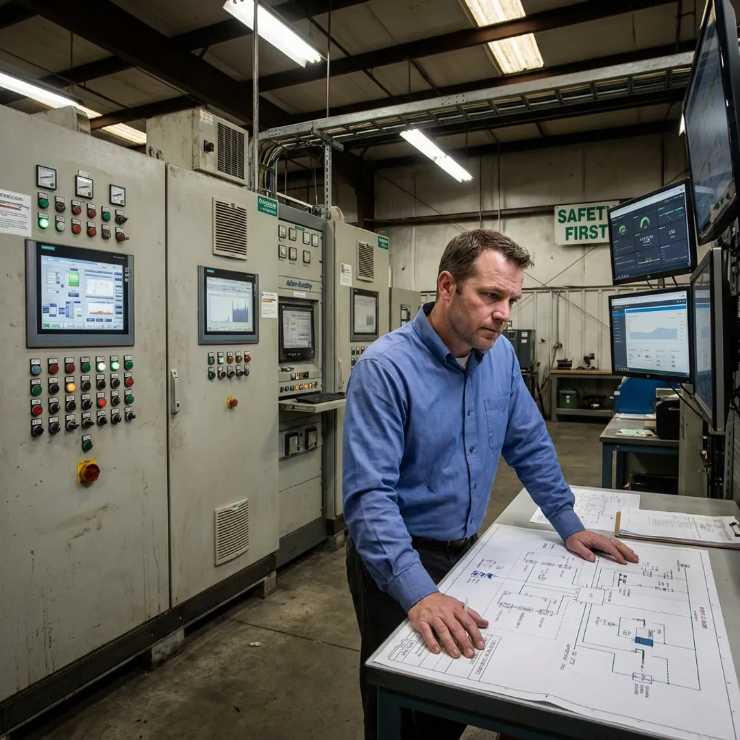 Engineer reviewing connected manufacturing systems