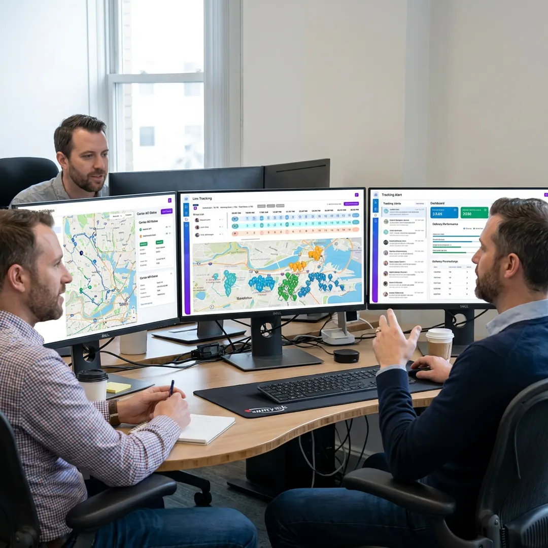 Software team planning a logistics workflow and route dashboard