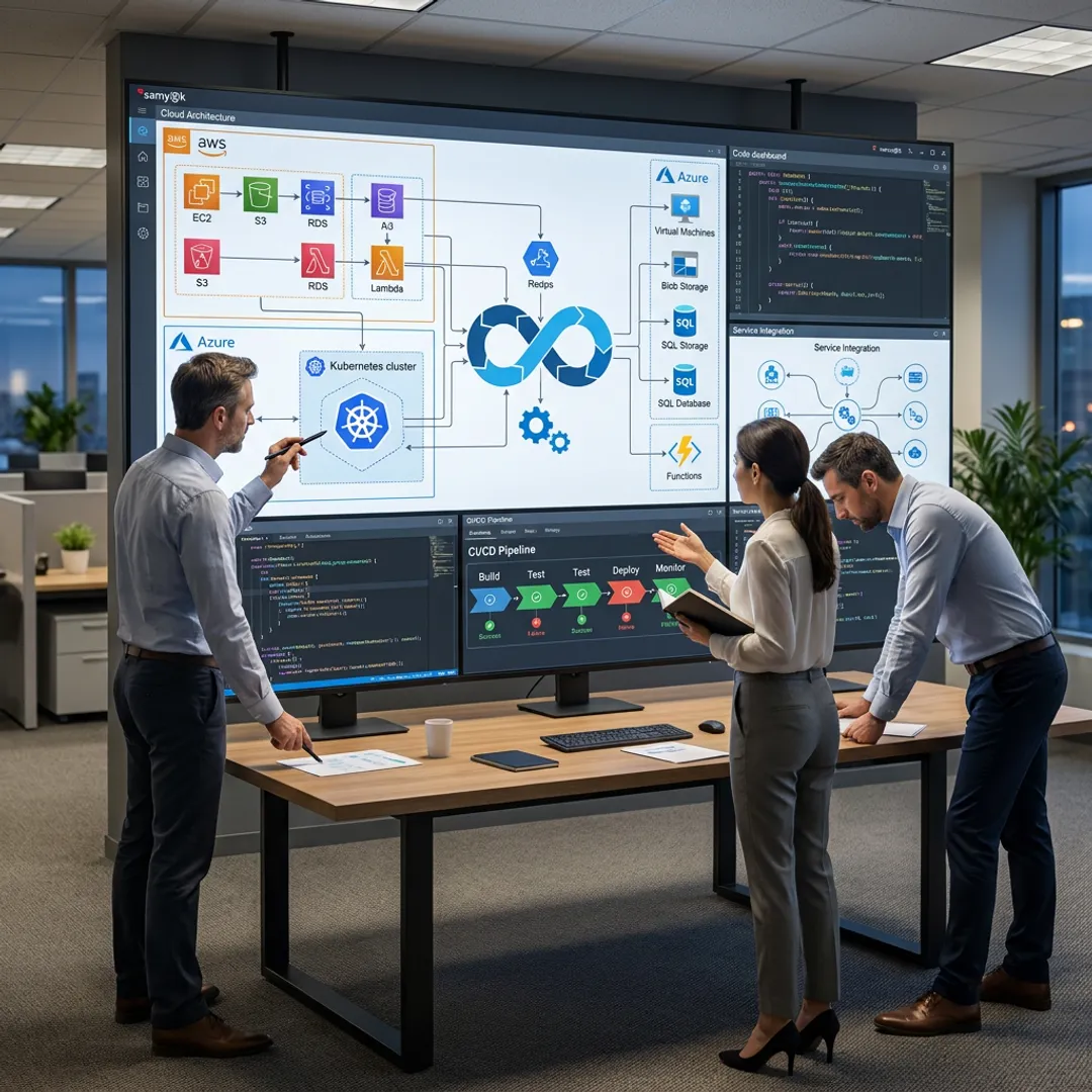 Cloud development team planning AWS and Azure application architecture