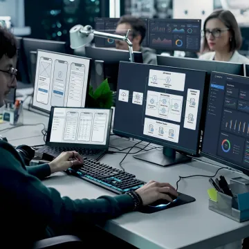 Enterprise mobile app development team working on interfaces